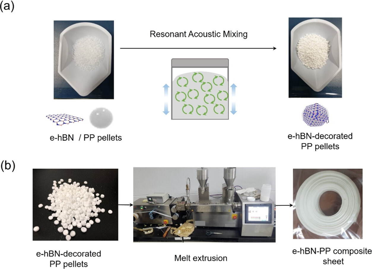 圖 3.e-hBN 增強 PP 復合材料的制備。（a） 使用共振聲學混合器用 e-hBN 納米片涂覆 PP 顆粒，（b） 將 e-hBN 涂層的 PP 顆粒熔融擠出到復合片材中。